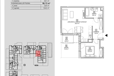 Rzut - Mieszkanie na sprzedaż 2 pokoje o powierzchni 50,13 m² - numer 3A-0-4 w Naramowice Odnova