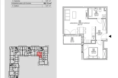 Rzut - Mieszkanie na sprzedaż 2 pokoje o powierzchni 50,13 m² - numer 3A-1-4 w Naramowice Odnova