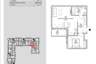 Rzut - Mieszkanie na sprzedaż 2 pokoje o powierzchni 50,13 m² - numer 3A-2-4 w Naramowice Odnova
