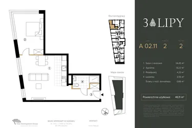 Rzut - Mieszkanie na sprzedaż 2 pokoje o powierzchni 46,11 m² - numer A.02.11 w 3 lipy