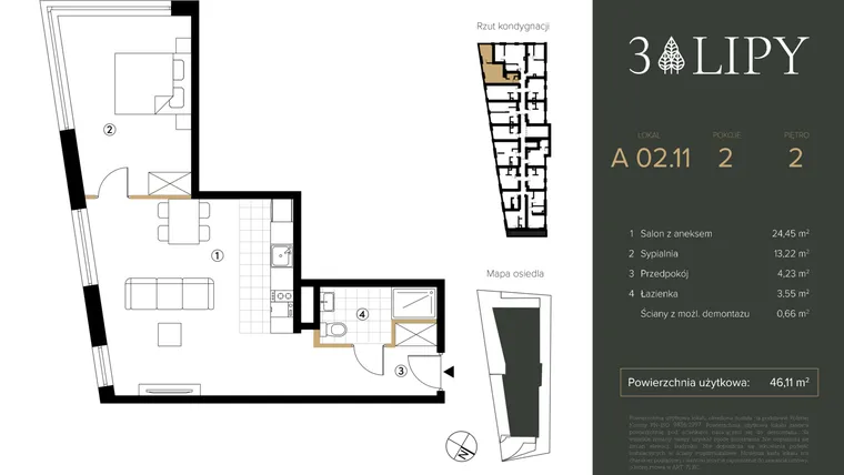 Rzut - Mieszkanie na sprzedaż 2 pokoje o powierzchni 46,11 m² - numer A.02.11 w 3 lipy