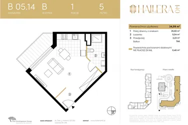 Rzut - Mieszkanie na sprzedaż 1 pokój o powierzchni 34,07 m² - numer B.05.14 w Hallera 140