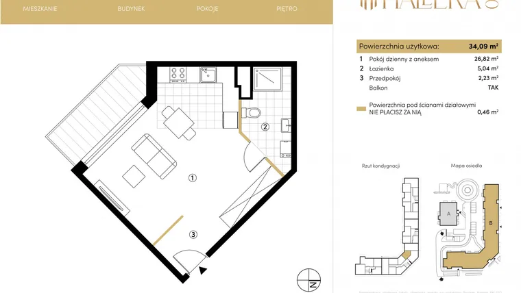 Rzut - Mieszkanie na sprzedaż 1 pokój o powierzchni 34,07 m² - numer B.05.14 w Hallera 140