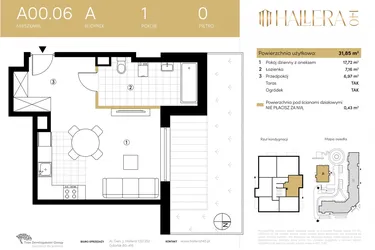 Rzut - Mieszkanie na sprzedaż 1 pokój o powierzchni 31,77 m² - numer A.00.06 w Hallera 140