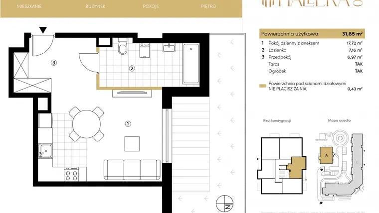 Rzut - Mieszkanie na sprzedaż 1 pokój o powierzchni 31,77 m² - numer A.00.06 w Hallera 140