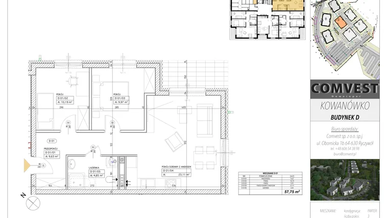 Rzut - Mieszkanie na sprzedaż 3 pokoje o powierzchni 57,75 m² - numer D1 w Kowanówko