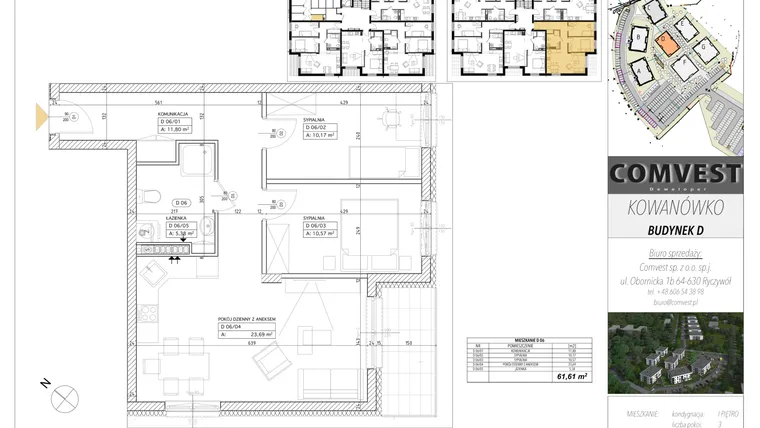Rzut - Mieszkanie na sprzedaż 3 pokoje o powierzchni 61,61 m² - numer D6 w Kowanówko