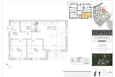 Rzut - Mieszkanie na sprzedaż 3 pokoje o powierzchni 57,24 m² - numer E1 w Kowanówko