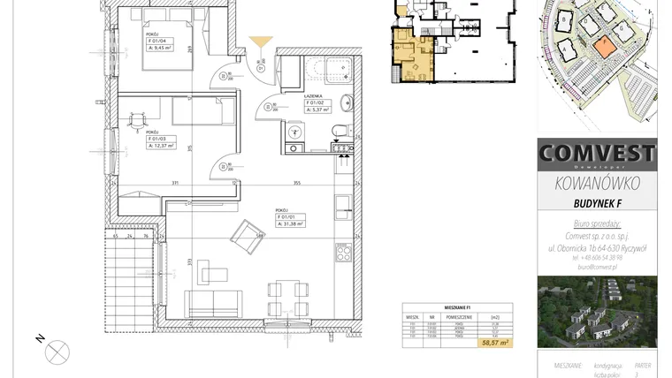 Rzut - Mieszkanie na sprzedaż 3 pokoje o powierzchni 58,57 m² - numer F1 w Kowanówko
