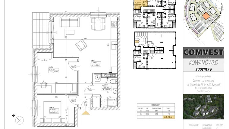 Rzut - Mieszkanie na sprzedaż 3 pokoje o powierzchni 58,49 m² - numer F2 w Kowanówko