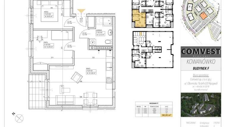 Rzut - Mieszkanie na sprzedaż 3 pokoje o powierzchni 58,29 m² - numer F7 w Kowanówko