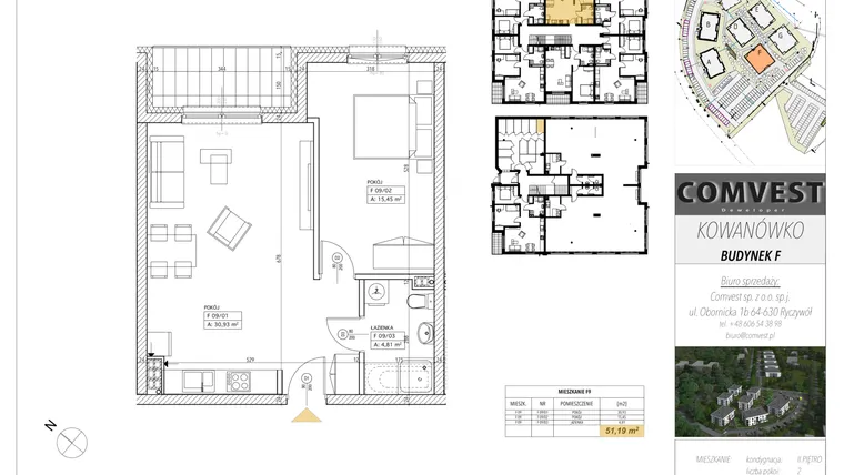 Rzut - Mieszkanie na sprzedaż 2 pokoje o powierzchni 51,19 m² - numer F9 w Kowanówko