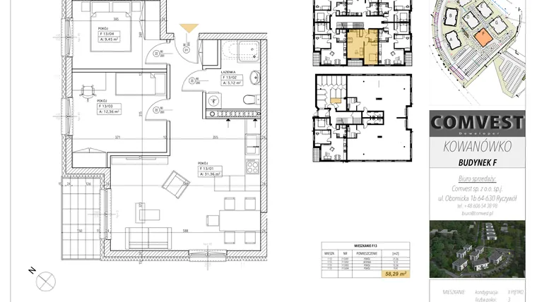 Rzut - Mieszkanie na sprzedaż 3 pokoje o powierzchni 58,29 m² - numer F13 w Kowanówko