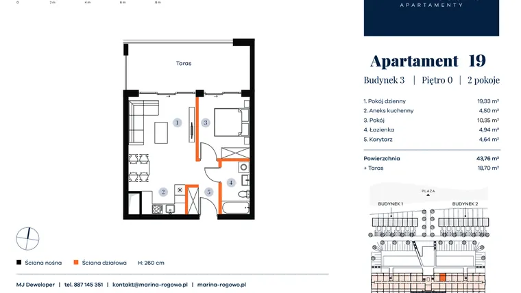 Rzut - Mieszkanie na sprzedaż 2 pokoje o powierzchni 43,76 m² - numer 19 w Apartamenty Marina Rogowo