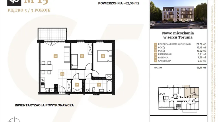 Rzut - Mieszkanie na sprzedaż 3 pokoje o powierzchni 62,36 m² - numer 15 w Grudziądzka 75