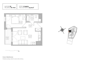 Rzut - Mieszkanie na sprzedaż 2 pokoje o powierzchni 43,22 m² - numer B1.14.6 w Alvarium 2.0