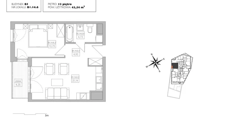 Rzut - Mieszkanie na sprzedaż 2 pokoje o powierzchni 43,22 m² - numer B1.14.6 w Alvarium 2.0