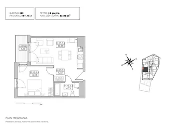 Rzut - Mieszkanie na sprzedaż 2 pokoje o powierzchni 45,85 m² - numer B1.15.5 w Alvarium 2.0