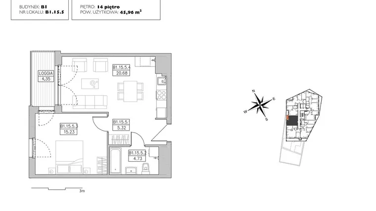 Rzut - Mieszkanie na sprzedaż 2 pokoje o powierzchni 45,85 m² - numer B1.15.5 w Alvarium 2.0