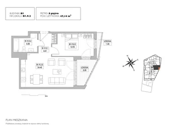 Rzut - Mieszkanie na sprzedaż 2 pokoje o powierzchni 46,63 m² - numer B1.9.2 w Alvarium 2.0
