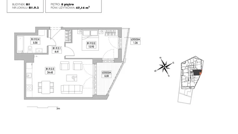 Rzut - Mieszkanie na sprzedaż 2 pokoje o powierzchni 46,63 m² - numer B1.9.2 w Alvarium 2.0