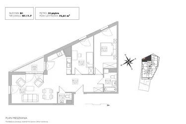 Rzut - Mieszkanie na sprzedaż 3 pokoje o powierzchni 75,81 m² - numer B1.11.7 w Alvarium 2.0