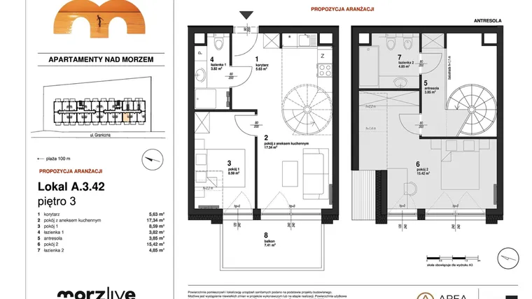 Rzut - Mieszkanie na sprzedaż 3 pokoje o powierzchni 61,79 m² - numer A.3.42 w Morzlive