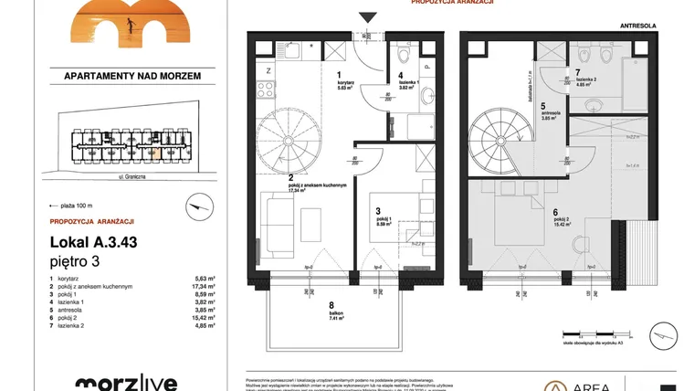 Rzut - Mieszkanie na sprzedaż 3 pokoje o powierzchni 61,22 m² - numer A.3.43 w Morzlive