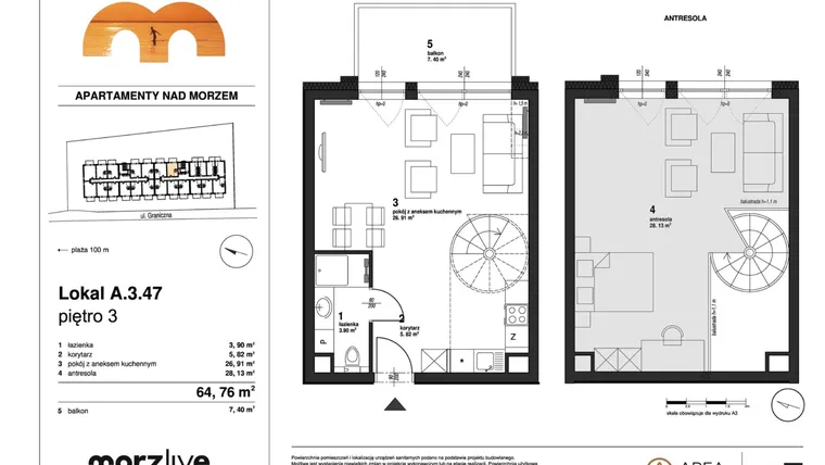 Rzut - Mieszkanie na sprzedaż 4 pokoje o powierzchni 64,76 m² - numer A.3.47 w Morzlive
