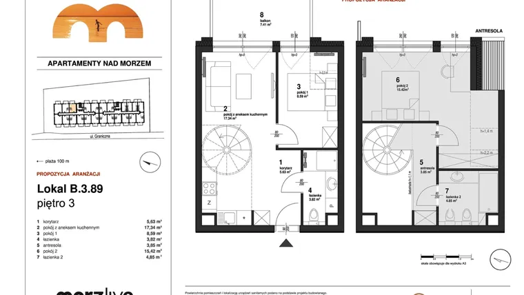 Rzut - Mieszkanie na sprzedaż 3 pokoje o powierzchni 61,85 m² - numer B.3.89 w Morzlive