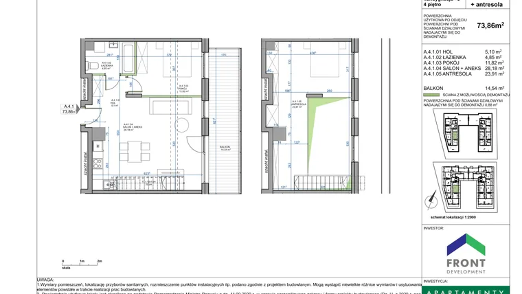 Rzut - Mieszkanie na sprzedaż 3 pokoje o powierzchni 73,86 m² - numer A.4.1. w Apartamenty Płużnicka