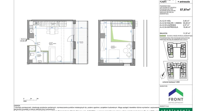 Rzut - Mieszkanie na sprzedaż 2 pokoje o powierzchni 57,97 m² - numer A.4.2. w Apartamenty Płużnicka