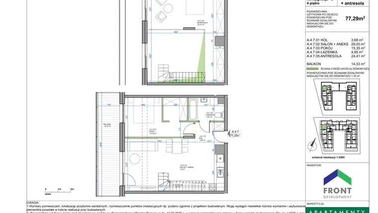 Rzut - Mieszkanie na sprzedaż 1 pokój o powierzchni 77,29 m² - numer A.4.7. w Apartamenty Płużnicka