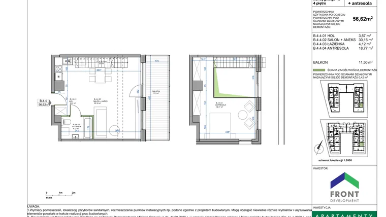 Rzut - Mieszkanie na sprzedaż 2 pokoje o powierzchni 56,62 m² - numer B.4.4. w Apartamenty Płużnicka