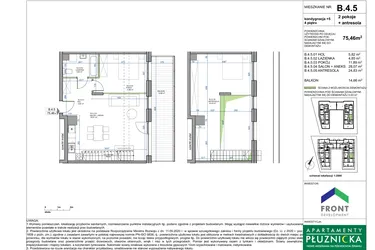 Rzut - Mieszkanie na sprzedaż 3 pokoje o powierzchni 75,46 m² - numer B.4.5. w Apartamenty Płużnicka