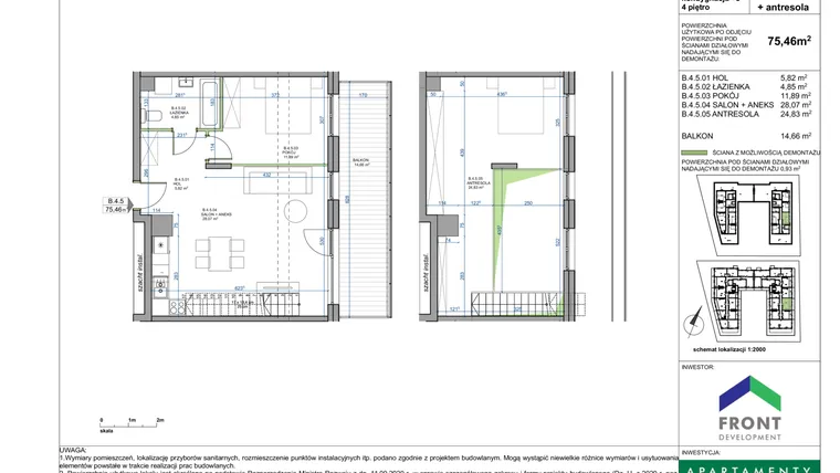 Rzut - Mieszkanie na sprzedaż 3 pokoje o powierzchni 75,46 m² - numer B.4.5. w Apartamenty Płużnicka