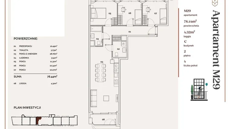 Rzut - Mieszkanie na sprzedaż 4 pokoje o powierzchni 78,44 m² - numer C.29 w Młyny Mogilska
