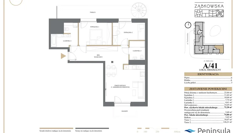 Rzut - Mieszkanie na sprzedaż 3 pokoje o powierzchni 70,77 m² - numer 41 w Galant Ząbkowska