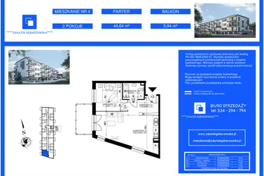 Rzut - Mieszkanie na sprzedaż 2 pokoje o powierzchni 44,64 m² - numer 4 w Zakątek Gębarzewska