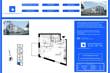 Rzut - Mieszkanie na sprzedaż 2 pokoje o powierzchni 44,64 m² - numer 16 w Zakątek Gębarzewska
