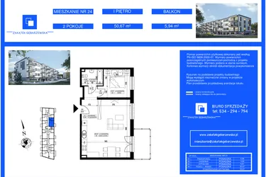 Rzut - Mieszkanie na sprzedaż 2 pokoje o powierzchni 50,67 m² - numer 24 w Zakątek Gębarzewska