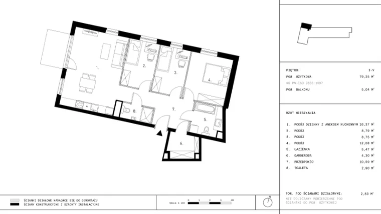 Rzut - Mieszkanie na sprzedaż 4 pokoje o powierzchni 78,9 m² - numer G8.P1 w Podskarbińska 28