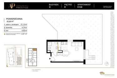 Rzut - Mieszkanie na sprzedaż 1 pokój o powierzchni 30,85 m² - numer C 0.6 w Apartamenty Prestige etap 2