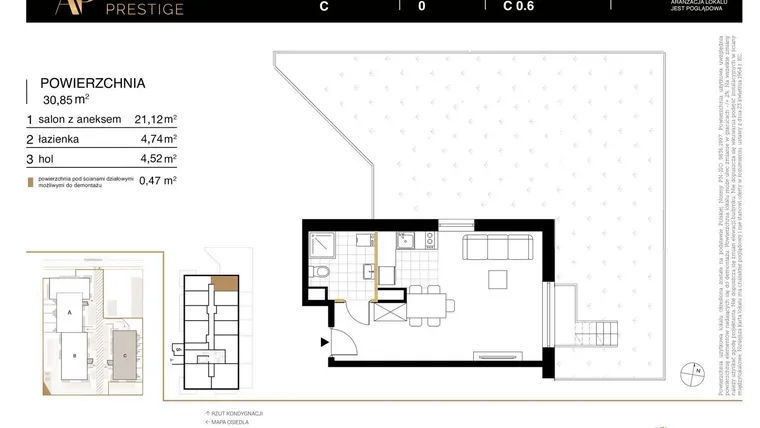 Rzut - Mieszkanie na sprzedaż 1 pokój o powierzchni 30,85 m² - numer C 0.6 w Apartamenty Prestige etap 2