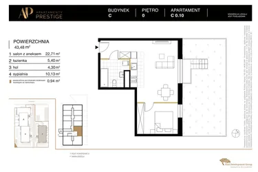 Rzut - Mieszkanie na sprzedaż 2 pokoje o powierzchni 43,48 m² - numer C 0.10 w Apartamenty Prestige etap 2