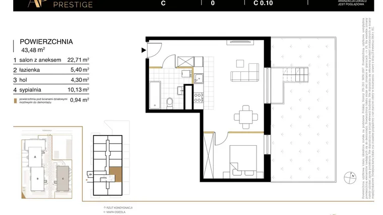 Rzut - Mieszkanie na sprzedaż 2 pokoje o powierzchni 43,48 m² - numer C 0.10 w Apartamenty Prestige etap 2