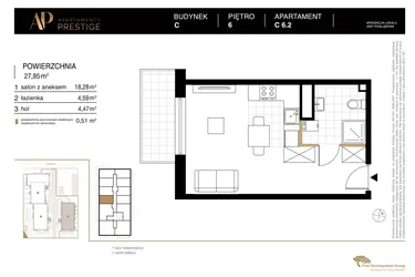 Rzut - Mieszkanie na sprzedaż 1 pokój o powierzchni 27,85 m² - numer C 6.2 w Apartamenty Prestige etap 2