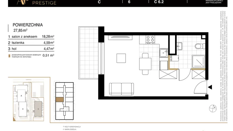 Rzut - Mieszkanie na sprzedaż 1 pokój o powierzchni 27,85 m² - numer C 6.2 w Apartamenty Prestige etap 2