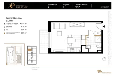 Rzut - Mieszkanie na sprzedaż 1 pokój o powierzchni 27,8 m² - numer C 6.4 w Apartamenty Prestige etap 2