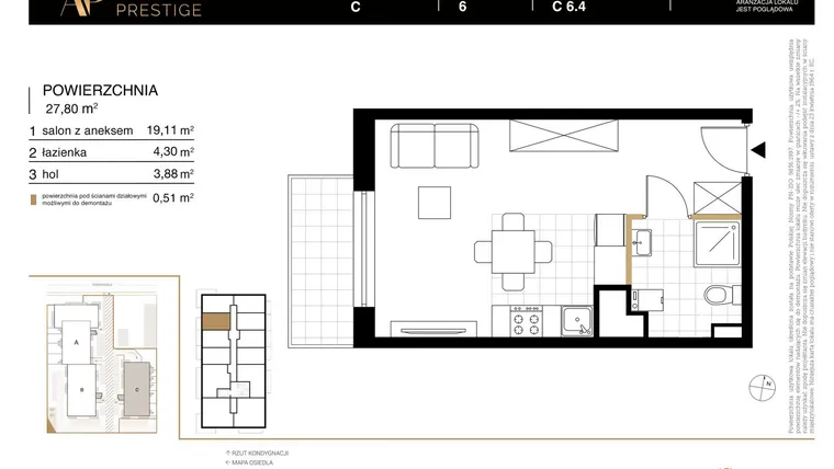Rzut - Mieszkanie na sprzedaż 1 pokój o powierzchni 27,8 m² - numer C 6.4 w Apartamenty Prestige etap 2